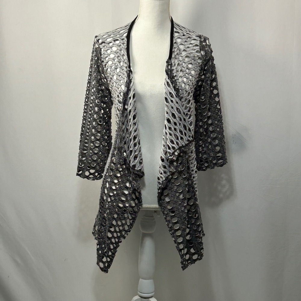 Lily by Firmana Gray Black Open Knit Tie‎ Back 3/4 Sleeve Cardigan S